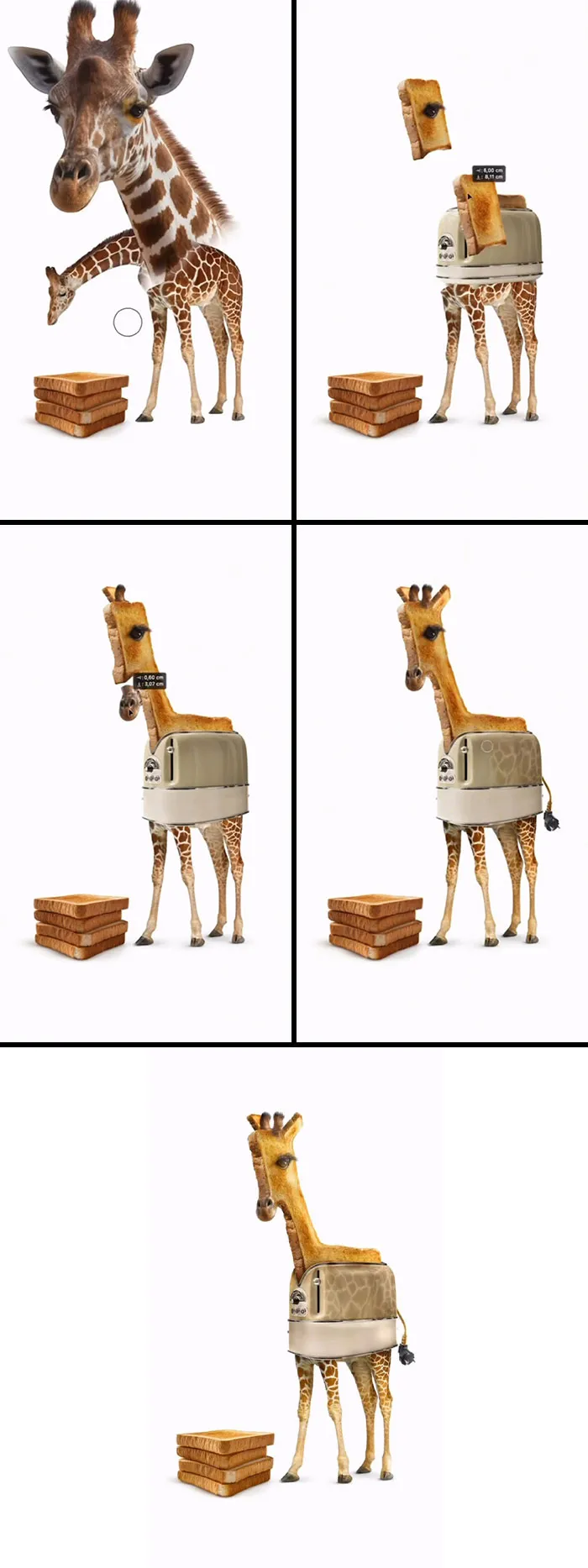 Animal hybrids art: A giraffe with a toaster body, toasting bread. Absurd animal hybrids, creative artwork.