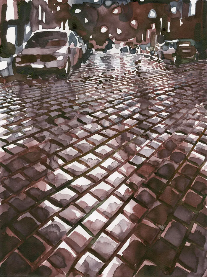 Watercolor painting of a wet cobblestone street with parked cars, captured in Abstract Sunday style.