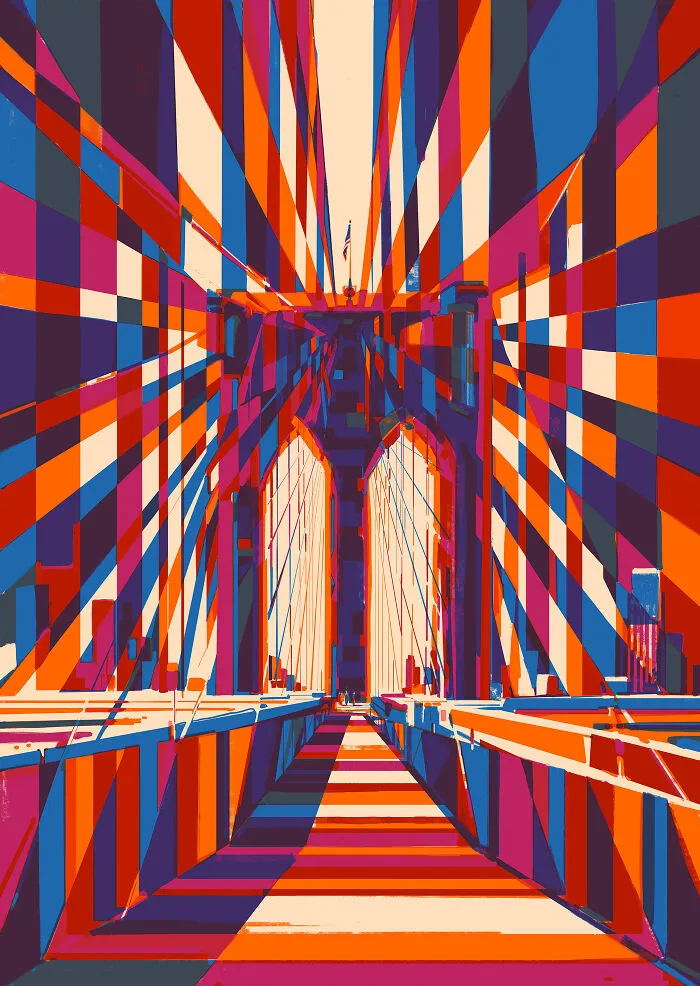 Brightly colored geometric and abstract bridge artwork reminiscent of the Abstract Sunday series.