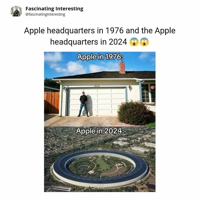 Apple headquarters in 1976 as a garage and futuristic Apple campus in 2024 comparison