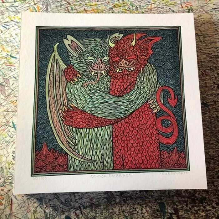 Theo Ellsworth print showing a bat and demon creature embracing