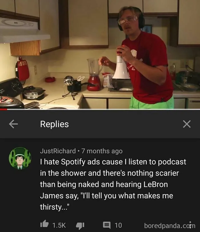 A man holding a megaphone in a kitchen, above a YouTube comment about scary Spotify ads, showcasing humorous YouTube comments.