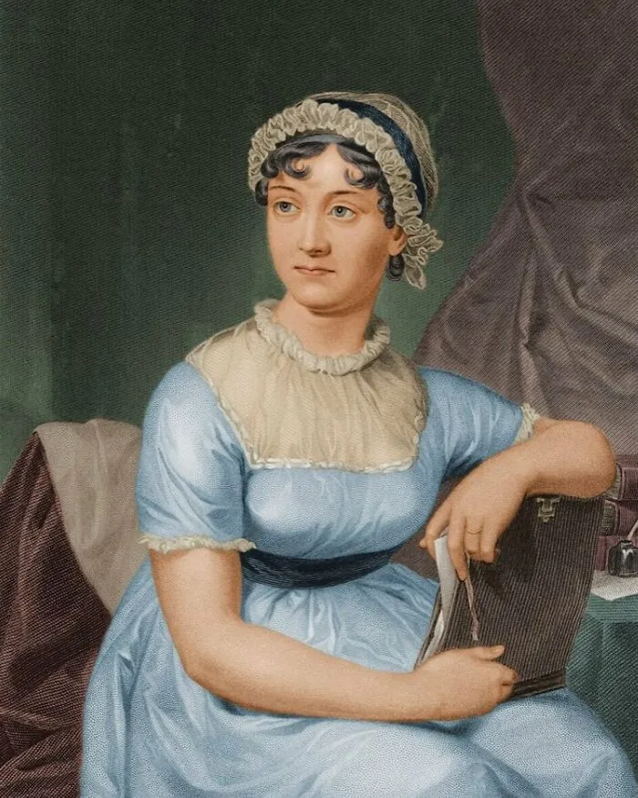 Color portrait of a woman in a blue dress and bonnet, holding a book, embodying women in history.