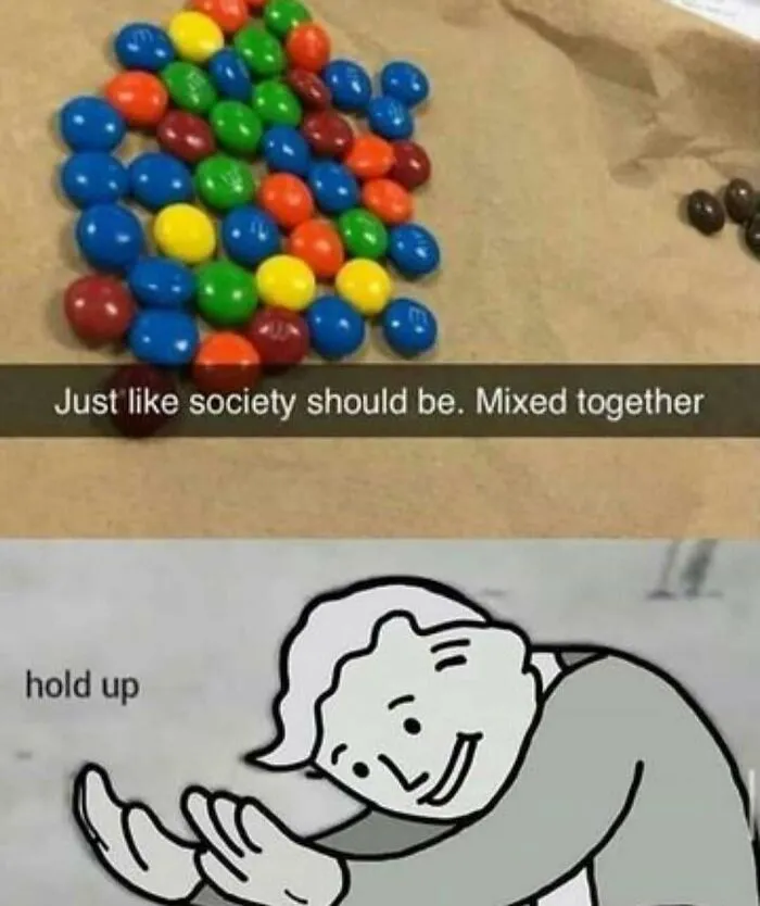 Edgy meme with colorful candies mixed and cartoon character saying hold up