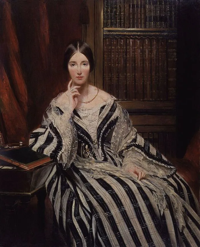 A painting of a woman in a striped dress sitting in a chair, portraying women in history.
