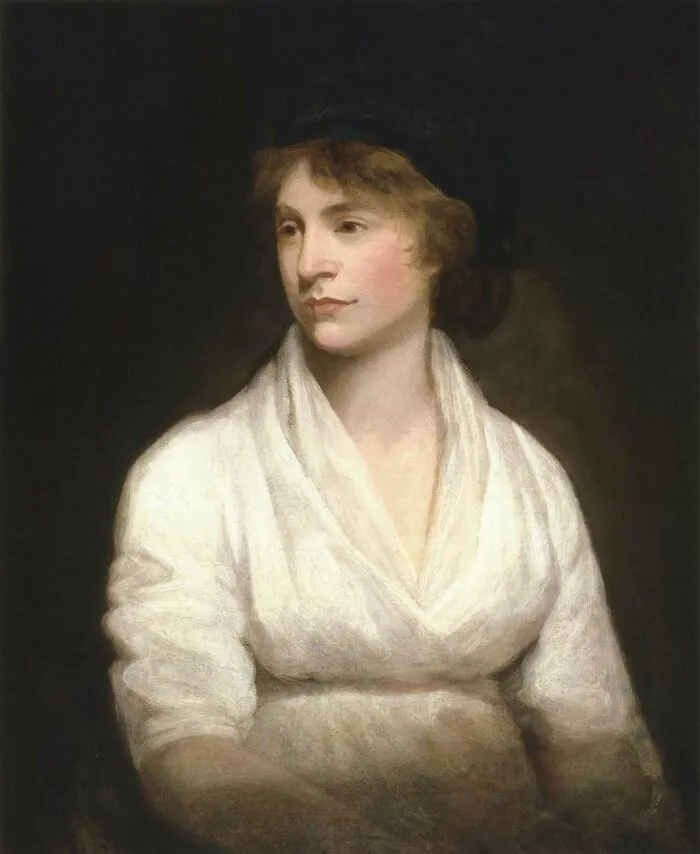 Portrait of a Woman In History with a dark hat and white dress, looking thoughtfully.