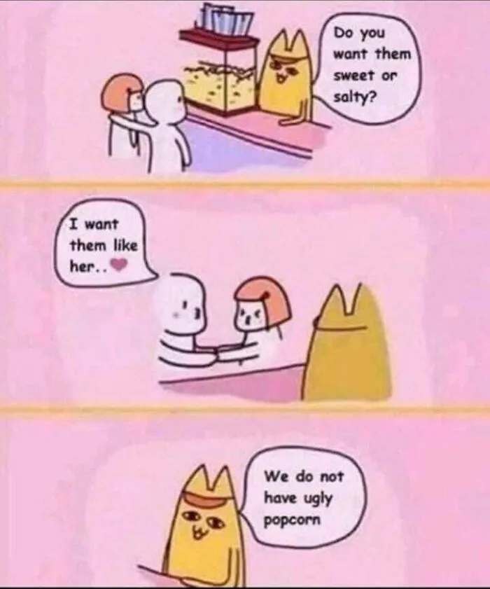 Cartoon meme about popcorn with characters discussing sweet or salty popcorn