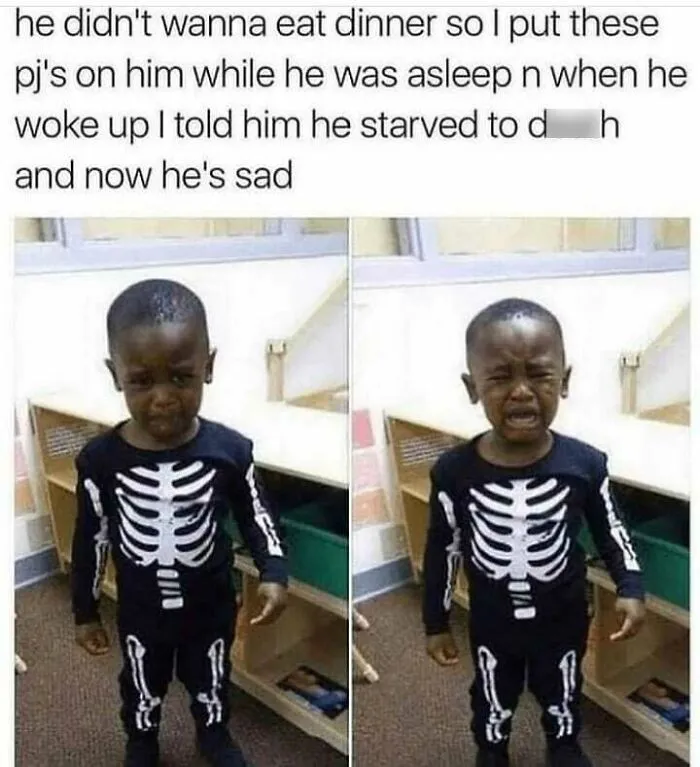 Edgy meme with child in skeleton pajamas looking sad and crying