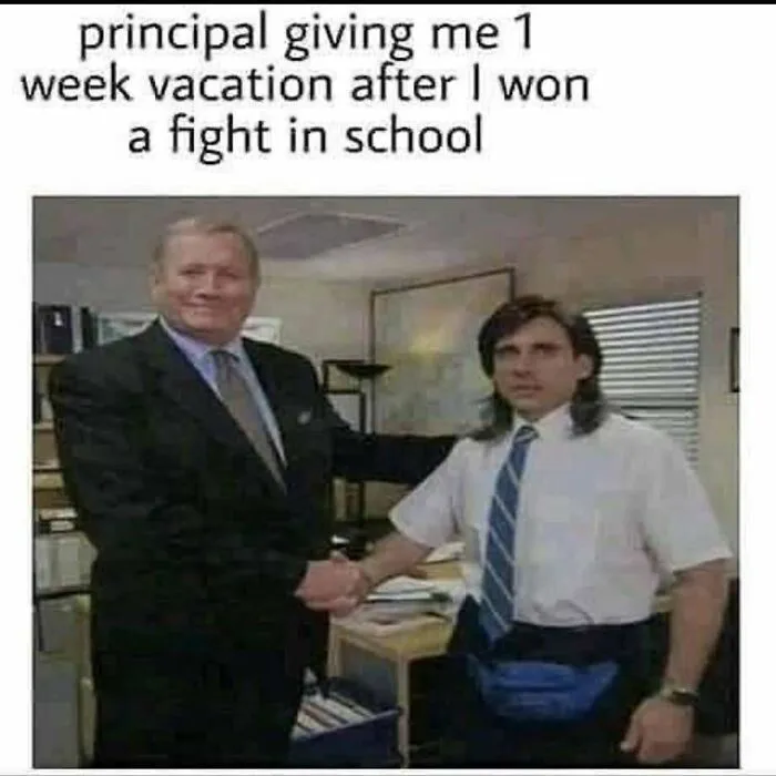 Principal shaking hands with student giving week vacation after school fight meme