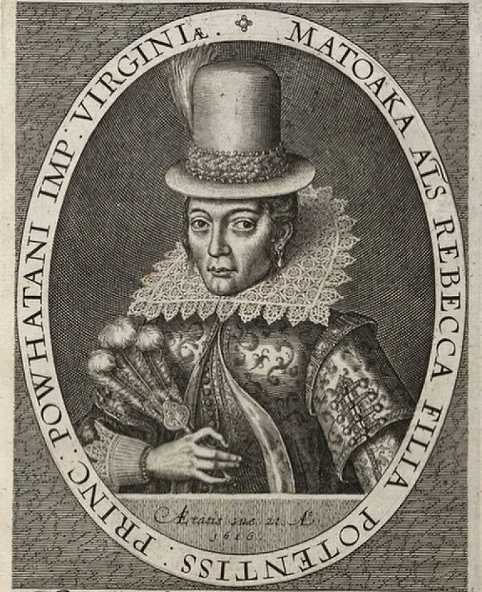 Pocahontas, a significant woman in history, depicted in a 1616 oval portrait engraving wearing a tall hat and lace ruff.