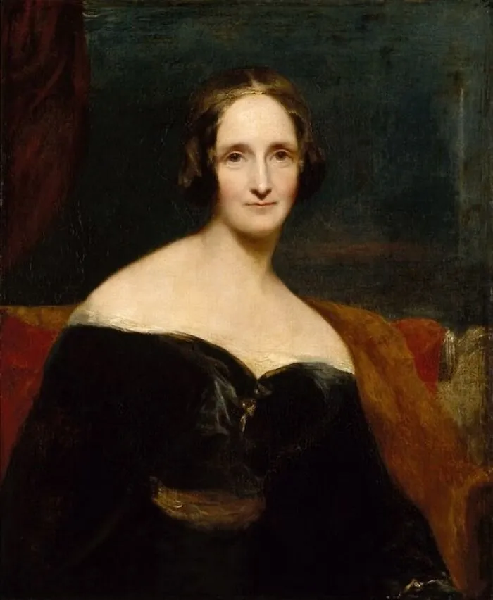 Mary Shelley, a prominent woman in history, portrayed in a formal oil painting with an off-the-shoulder black dress.