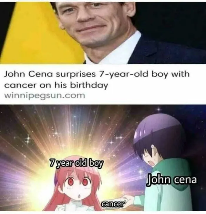 Edgy meme with John Cena surprising a 7-year-old boy with cancer