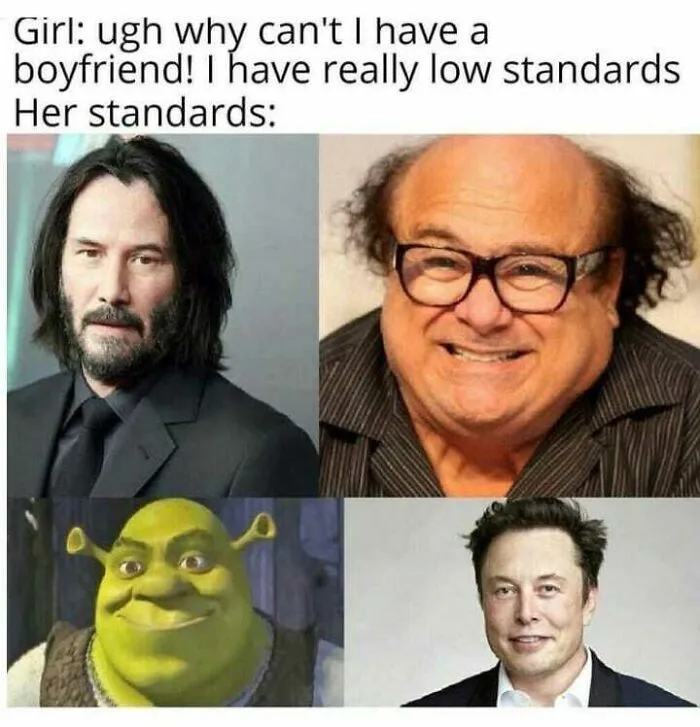 Funny meme about girl low boyfriend standards with celebrity images