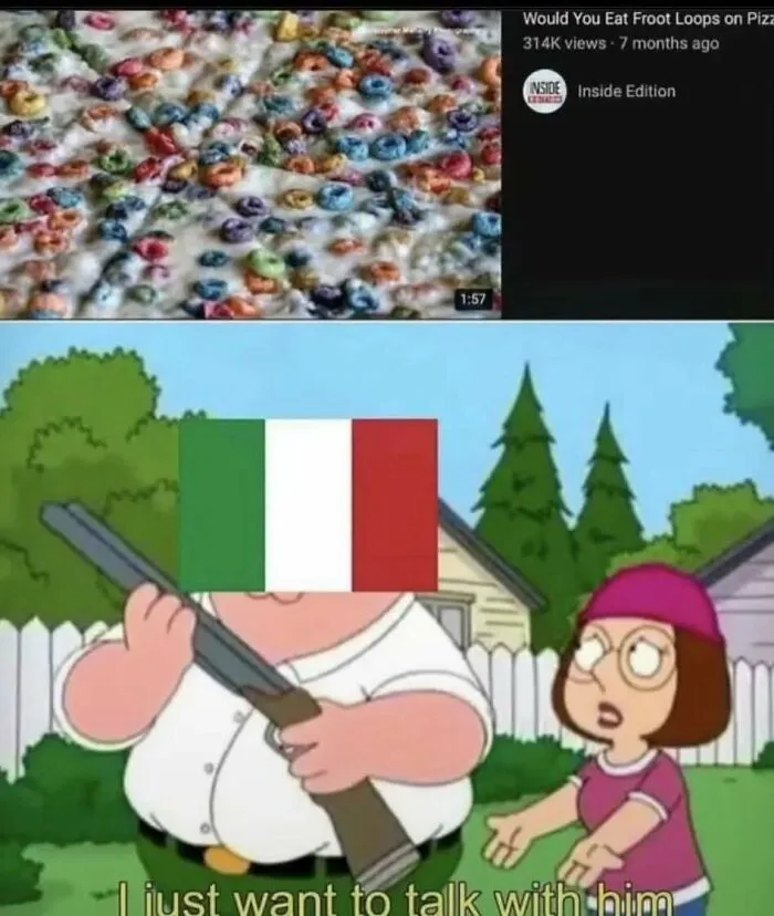 Edgy meme with cartoon character holding shotgun and Italy flag face