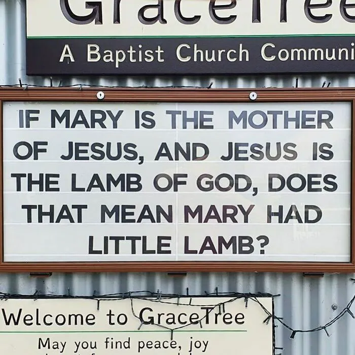GraceTree church sign joke about Mary and Jesus with a little lamb pun