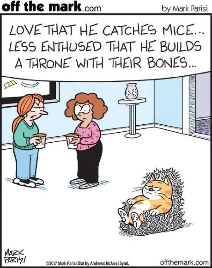 An orange cat sits on a throne of bones in a comic illustration by Mark Parisi.