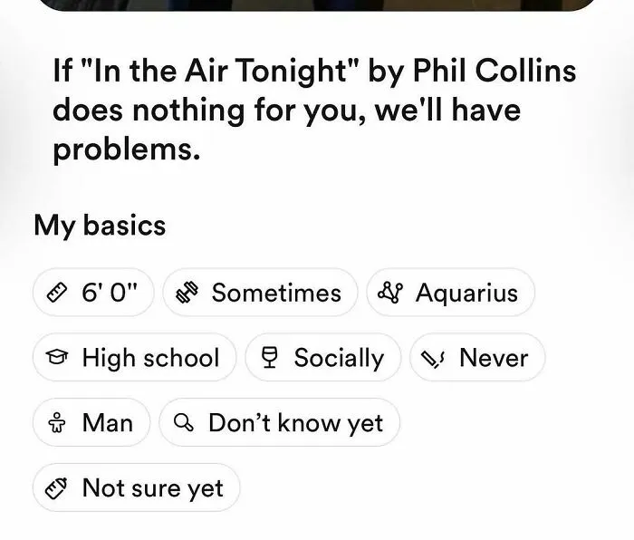 Tinder bio mentioning love for Phil Collins song and personal basics listed