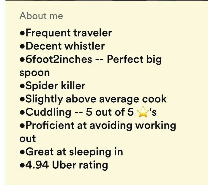 Funny Tinder bio listing traits like frequent traveler, spider killer, and Uber rating