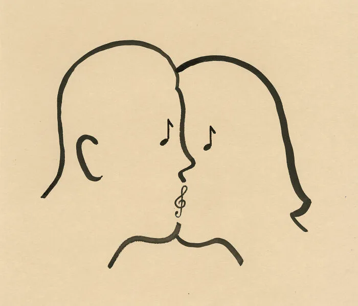 Simple ink illustration of two faces facing each other, featuring musical note eyes, inspired by Abstract Sunday.