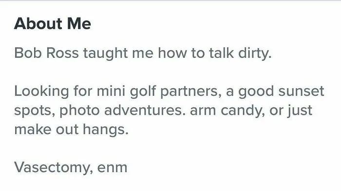 Tinder bio mentioning Bob Ross and looking for mini golf partners and photo adventures