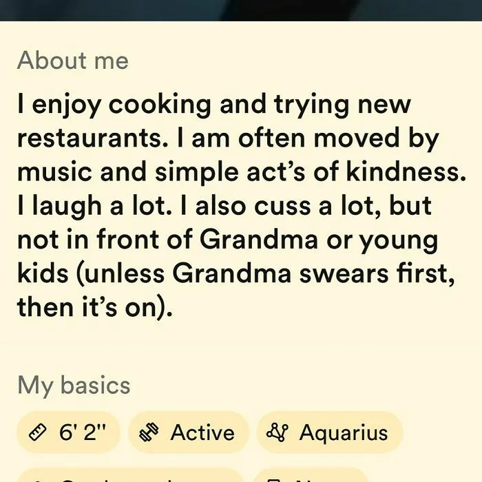 Tinder bio about cooking, kindness, and personality traits with height and zodiac basics