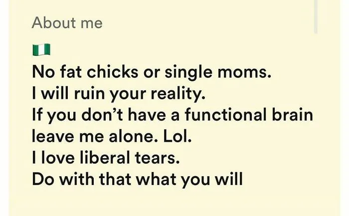 Tinder bio with controversial and offensive statements about dating preferences and intelligence