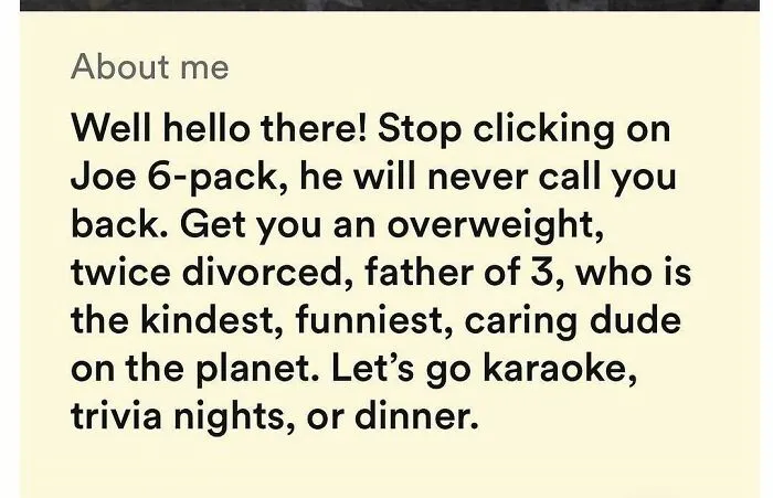 Wild Tinder bio describing an overweight, twice divorced father who loves karaoke