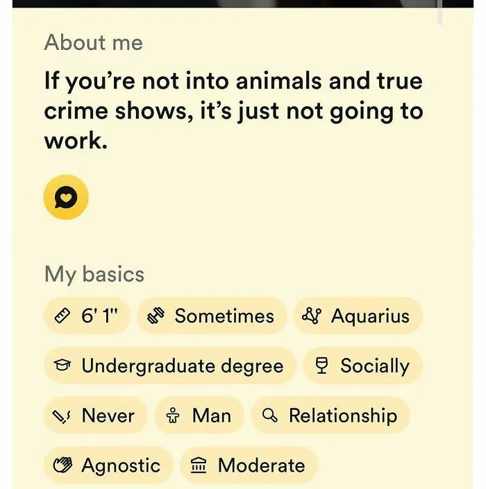 Tinder bio mentioning love for animals and true crime shows with personal basics details