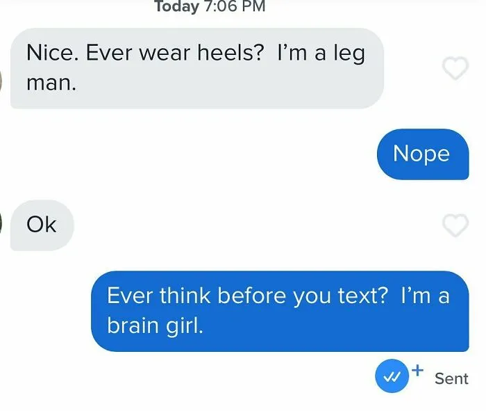 Funny Tinder chat highlighting preference for brainy girls