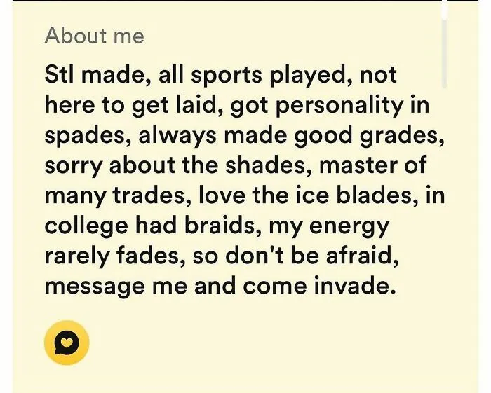 Wild and weird Tinder bio with personality and sports interests in spades