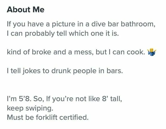 Weird Tinder bio about being broke, cooking, and height requirements