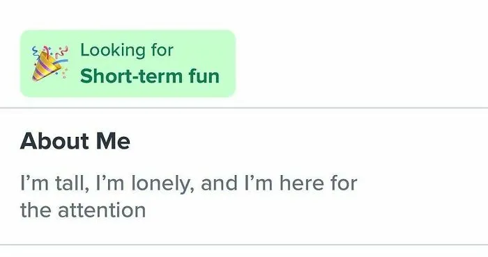 Tinder bio seeking short-term fun admitting to being tall and lonely