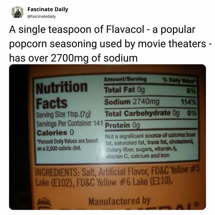 Nutrition label showing high sodium content in Flavacol popcorn seasoning