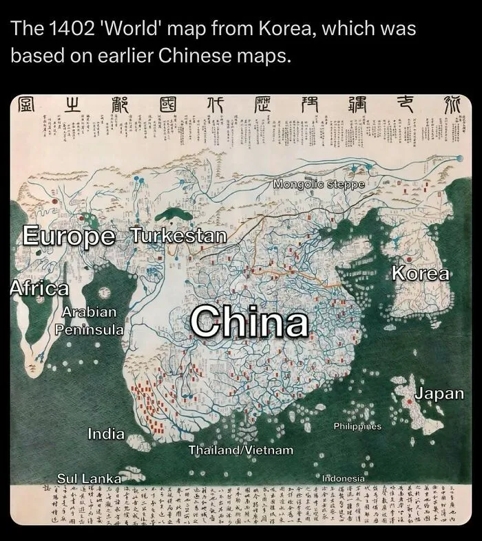 Photos from history depicting a 1402 world map from Korea based on Chinese maps.