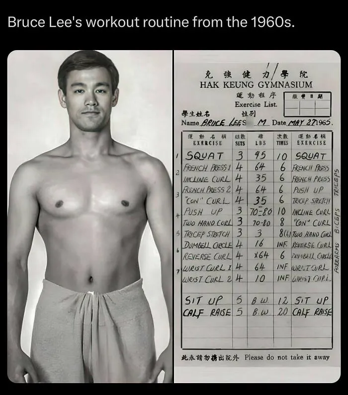 Bruce Lee pose next to his 1965 workout routine from history