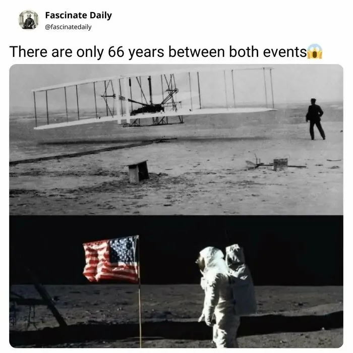 Historical photo comparing Wright brothers flight and moon landing