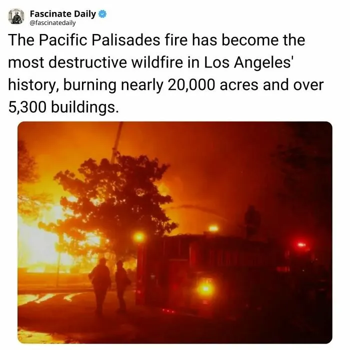 Pacific Palisades fire is LA's most destructive wildfire, burning 20,000 acres and 5,300 buildings