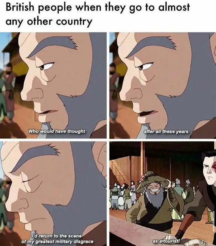 History meme depicting British people returning to site of military disgrace as tourists