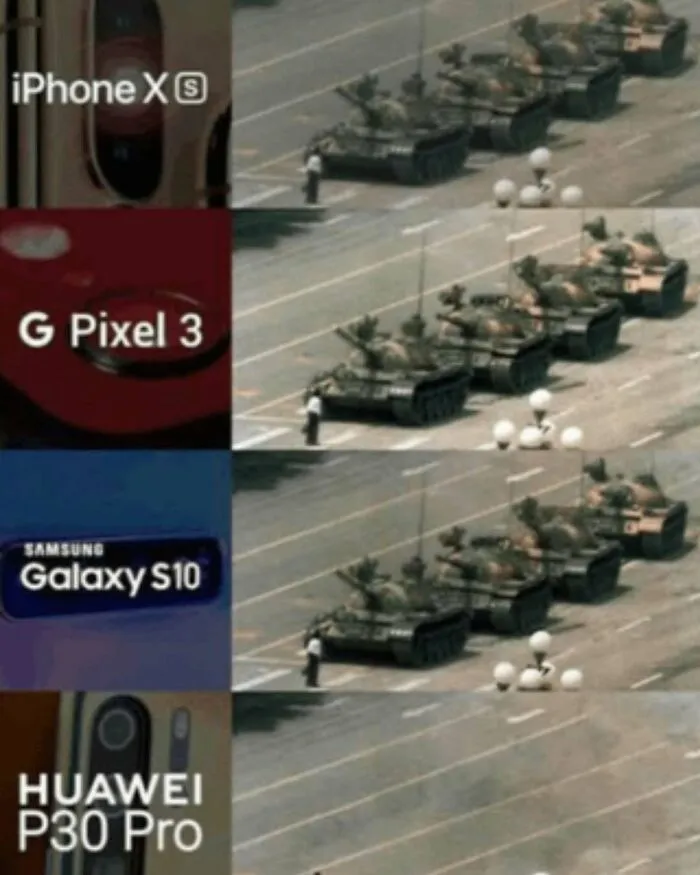 Comparison of iconic Tiananmen Square Tank Man photo as seen through different smartphone cameras