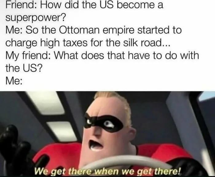 Meme explaining US superpower rise linked to Ottoman taxes with cartoon character