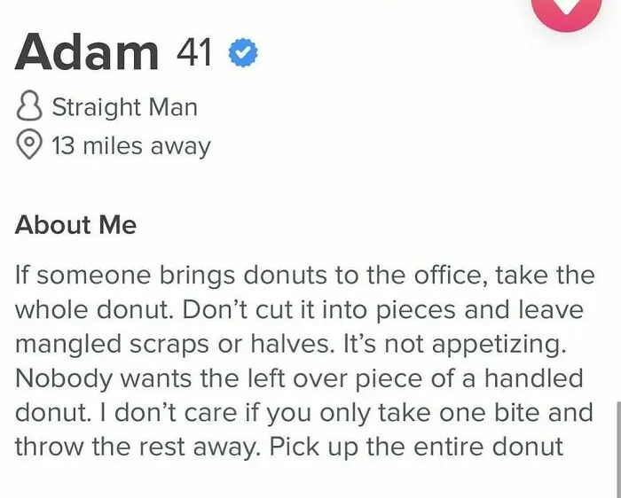 Tinder bio about office donut etiquette and taking whole donuts