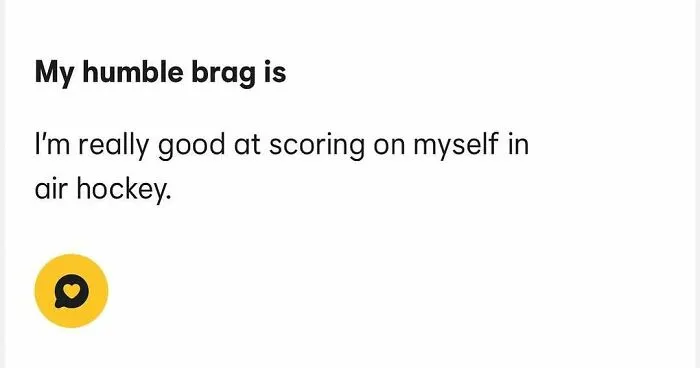 Tinder bio bragging about skill in scoring against oneself in air hockey