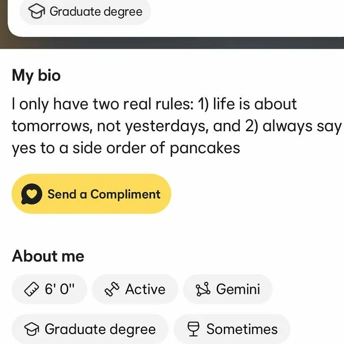 Funny Tinder bio about life rules and pancakes with graduate degree icons