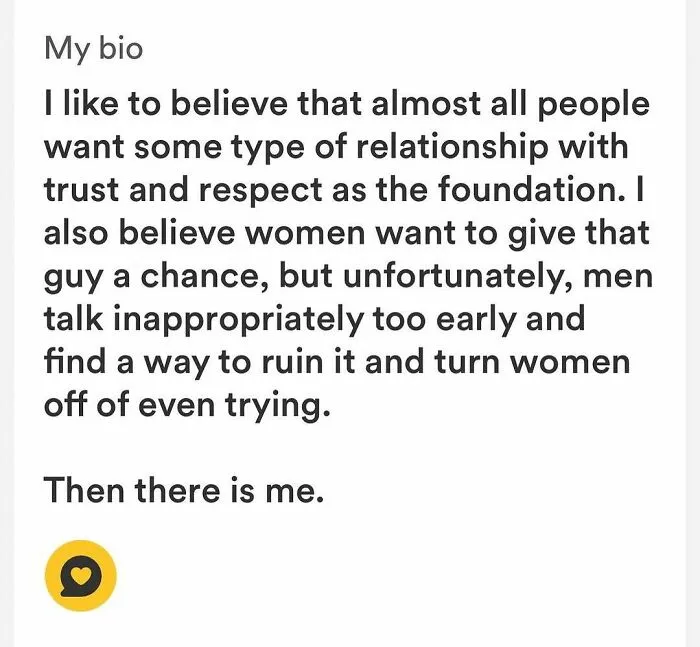 Tinder bio about wanting trust and respect in relationships and men's early mistakes