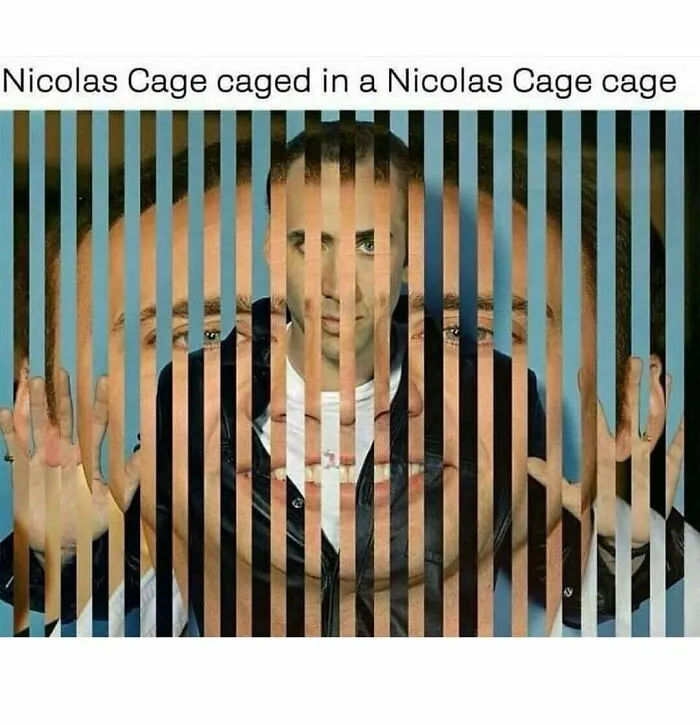 Relatable meme with Nicolas Cage image split into cage bars with text about Nicolas Cage cage