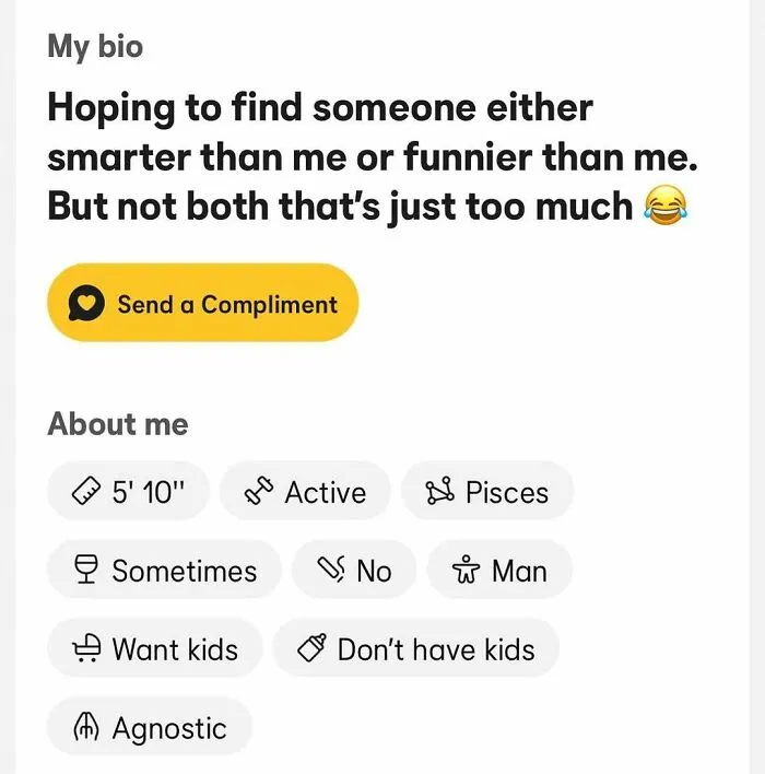 Funny Tinder bio hoping to find someone smarter or funnier with personal details