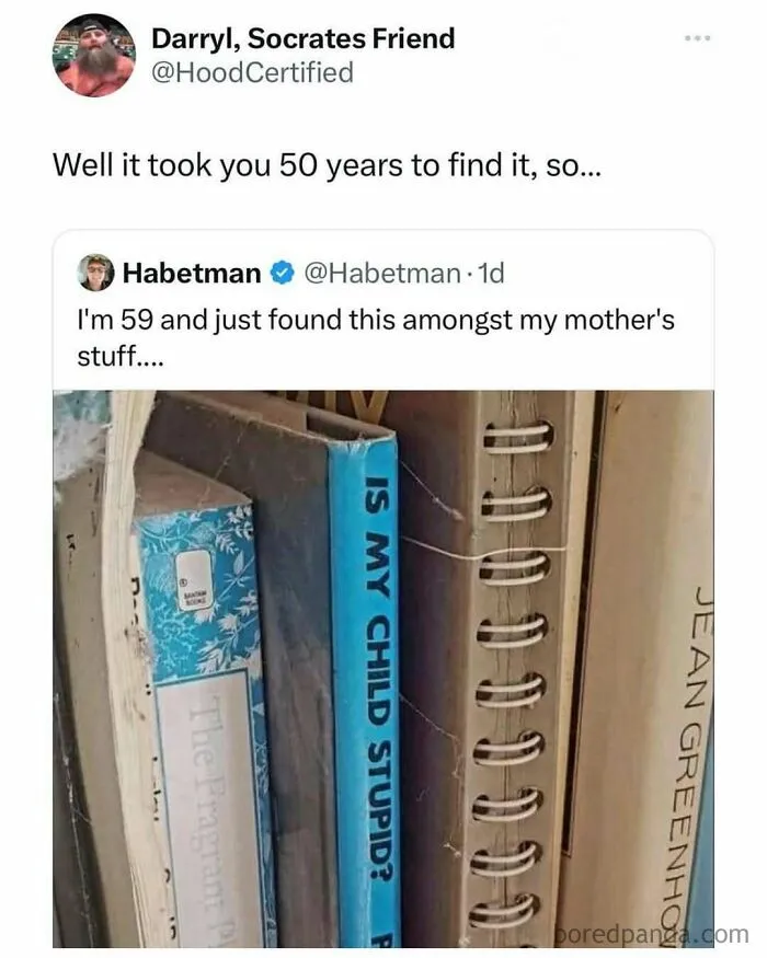 Tweet about finding a book titled Is My Child Stupid among mother's stuff