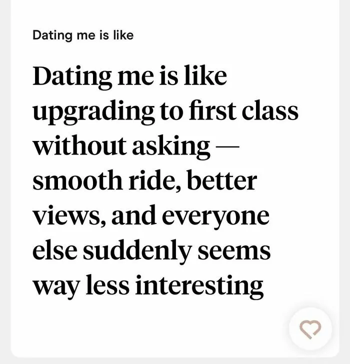 Tinder bio comparing dating to upgrading to first class with better views