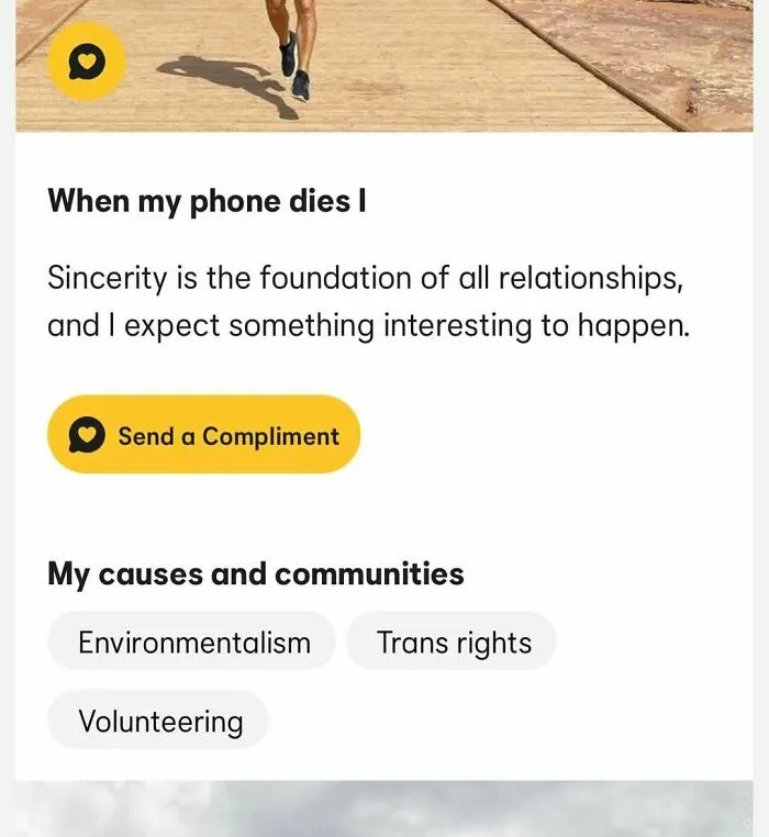 Tinder bio highlighting sincerity and support for environmentalism and trans rights