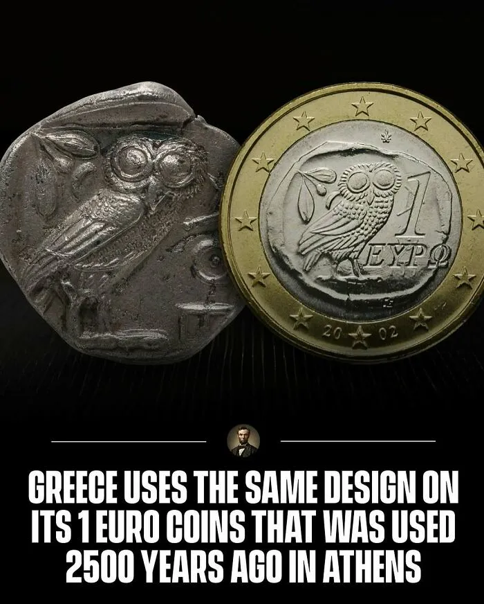 A photo from history comparing an ancient Athenian owl coin with a modern Greek 1 Euro coin